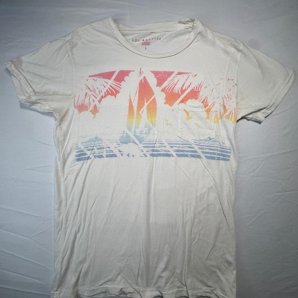 Sol Angeles Pocket Tee White Sunset Surf Palm Tree Graphic Womens T Shirt Small - Picture 3 of 8